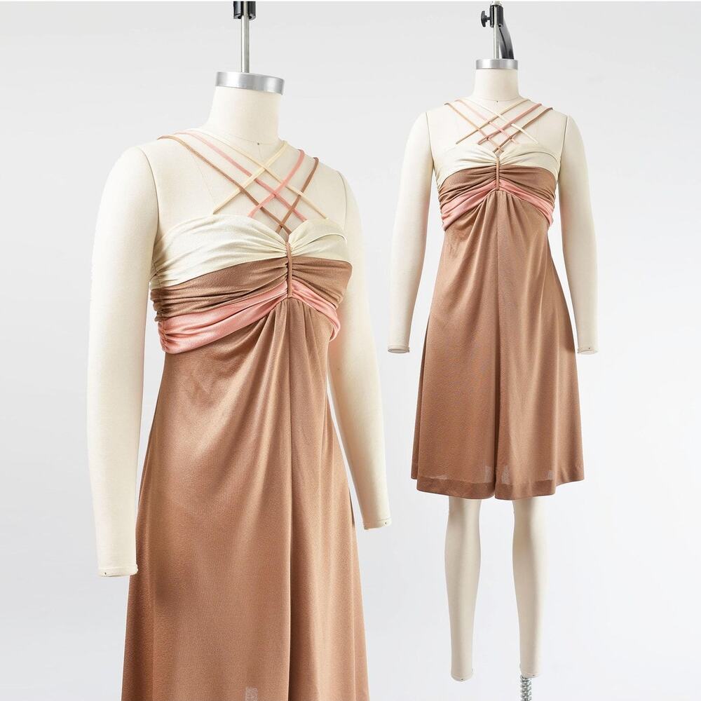 Vintage 70s Neapolitan Disco Strappy Caged Neckline Empire Waist Mini Dress XS